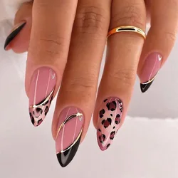 24Pcs Leopard Print Fake Nails Press on Long Almond French Removable Full Cover Nail Tips Wearable Finished Fingernails Nail Art