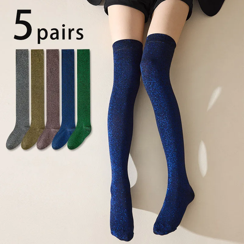 1/5Pairs Shiny Sparkling Gold Silver Silk Calf Socks For Women Trendy Long Tube Socks Silk Pile Socks Breathable Elastic Socks