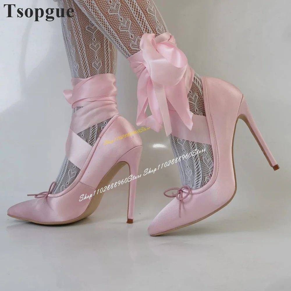 Gentle Pink Satin Lovely Knot Ribbon Sandals Thin High Heel Women Shoes Lace Up Pointed Toe 2024 Fashion Zapatos Para Mujere