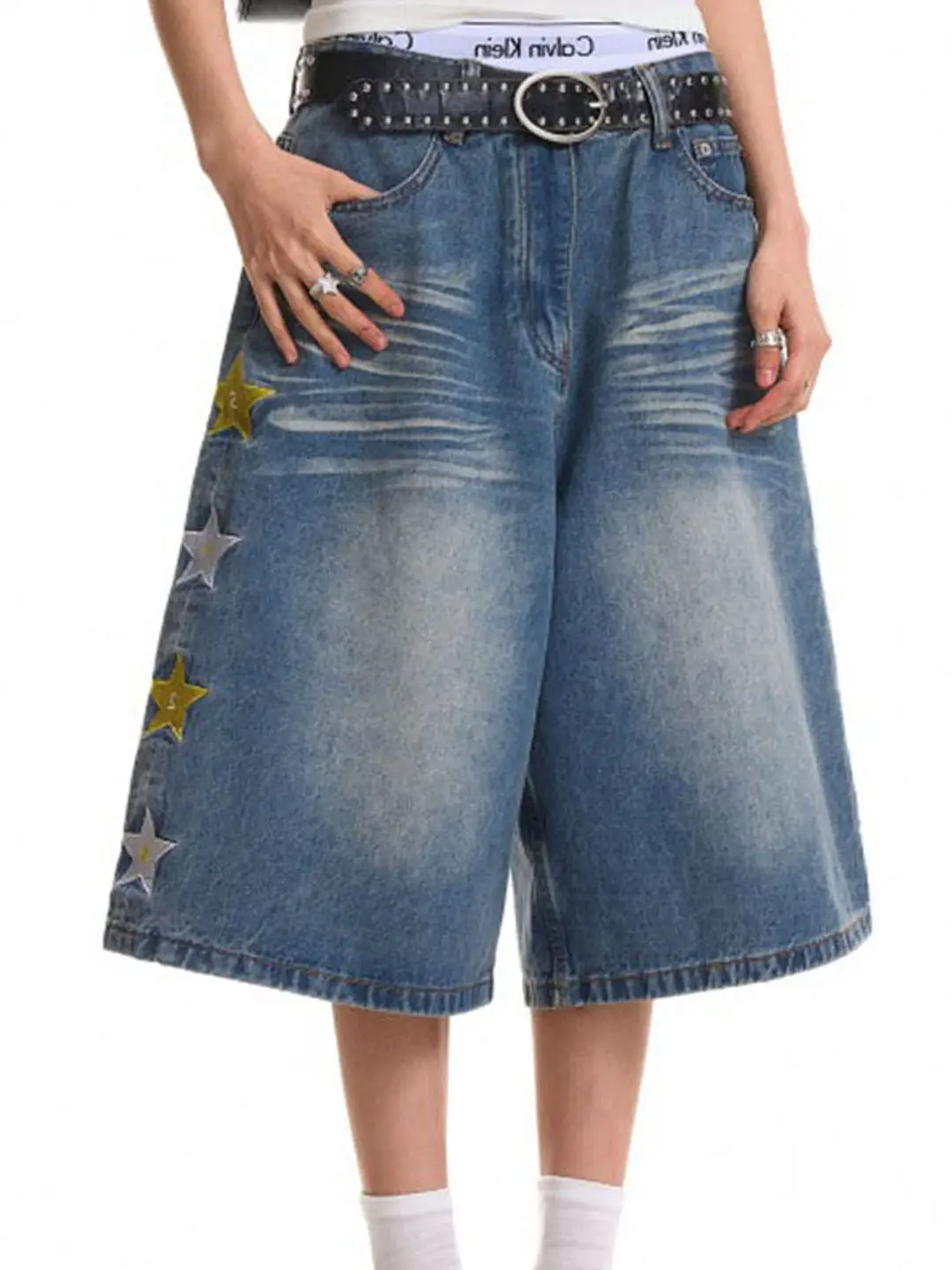 Calças Jeans Americanas com Bordado de Estrelas, Lavadas, Soltas, Retas, Casuais, de Perna Larga, Modelo Cinco Quartos, para ...