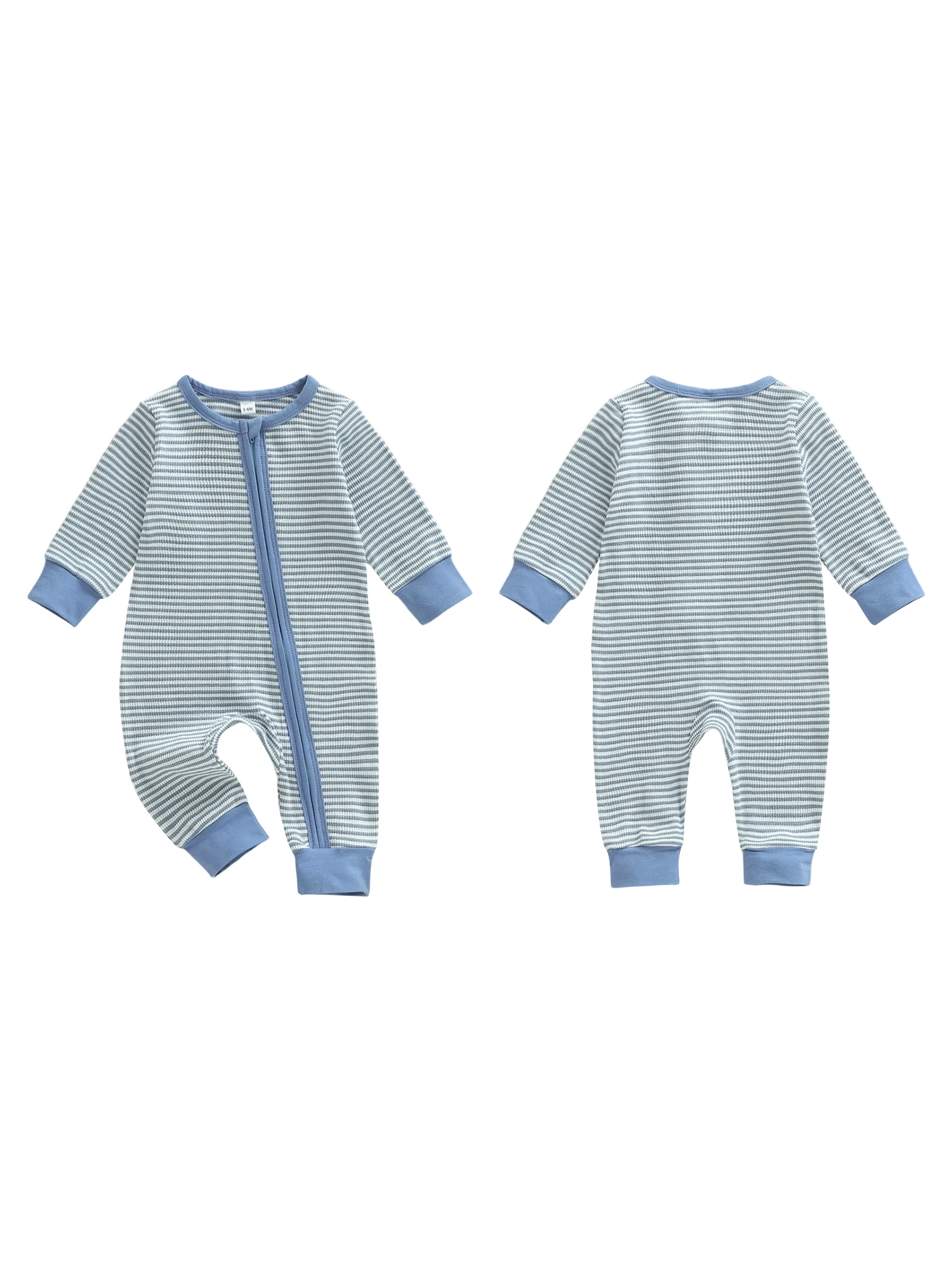 Romper Bayi Laki-laki Bergaris Lengan Panjang dengan Ritsleting, Kerah Bulat, dan Jumpsuit Panjang untuk Bayi Laki-laki