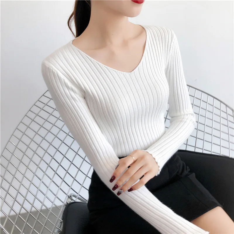 Autumn Winter Knitted V Neck Women Sweaters Casual Long Sleeve Pullover Soft Warm Sweater Femme Fashion Basic Solid Jersey Tops