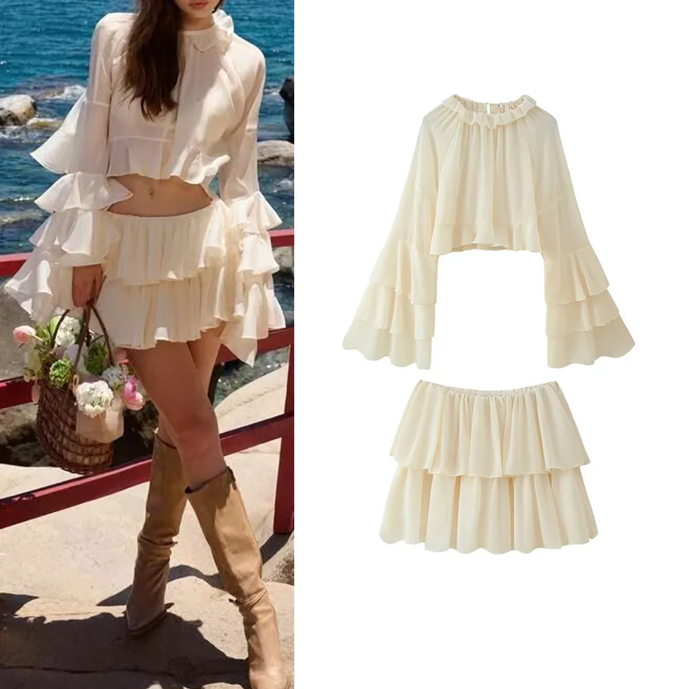 

Sweet Sweet Skirt Set Women's Layered Ruffle Pullover Top and Mini two layer Skirt 2025 Summer Fashion Holiday Lady Skirt Set