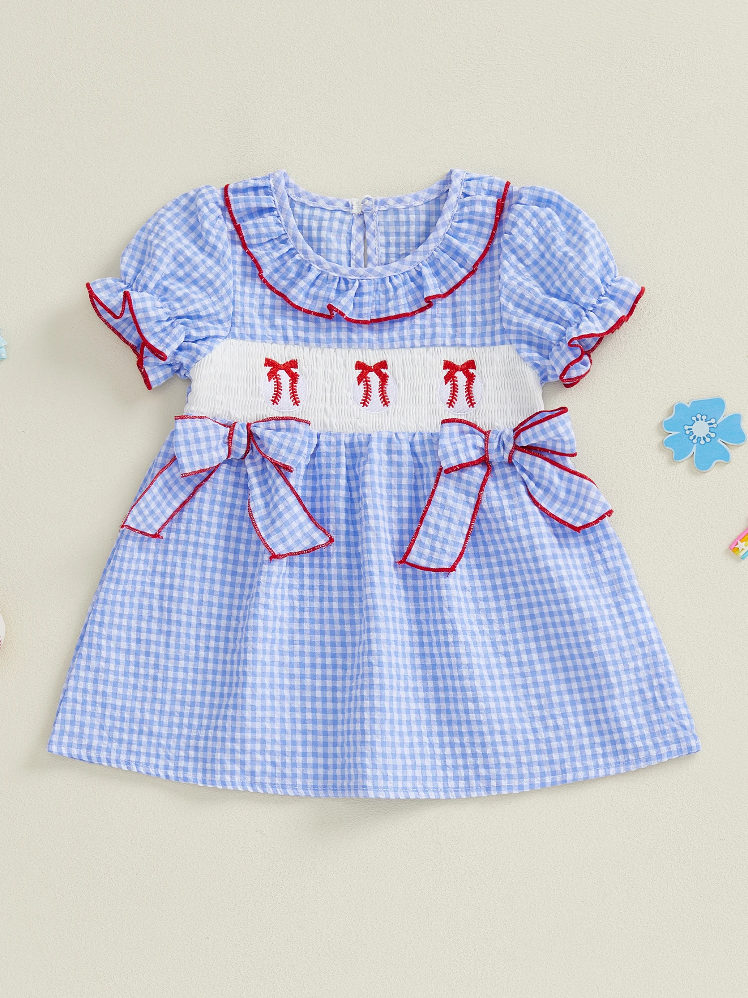 فستان للفتيات الصغيرات الرضع بأكمام مكشكشة ورقبة دائرية ومطرز بالزهور فستان على شكل حرف A مع تفاصيل فيونكة