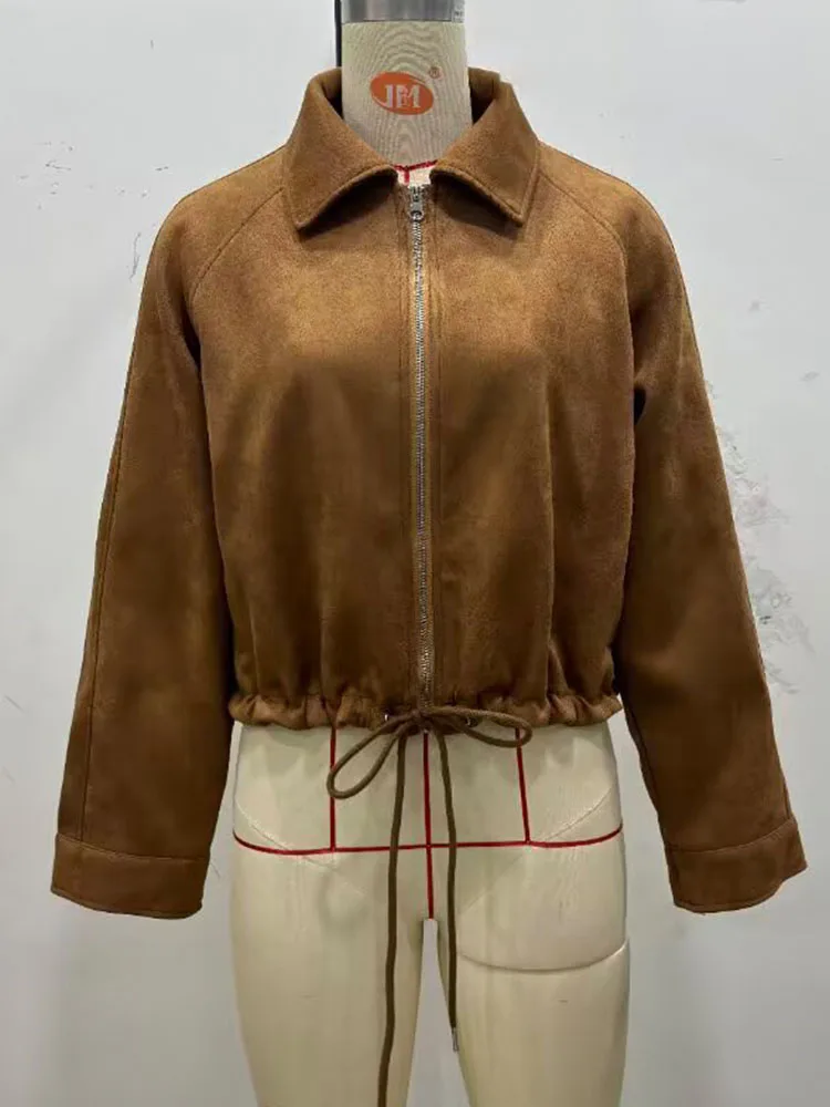 HH Women 2025 Fashion Vintage Lapel Suede Cloth Long Sleeve Coat Female Autumn Casual Hem Drawstring Waist Slimming Jacket
