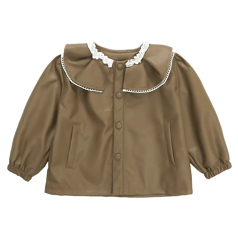 Toddler Girls' Leather Jacket, Elegant Ruffle Collar, Button - Up Coat for 2-9 Years Kids, 2025 Autumn And Winter Girls Outwear