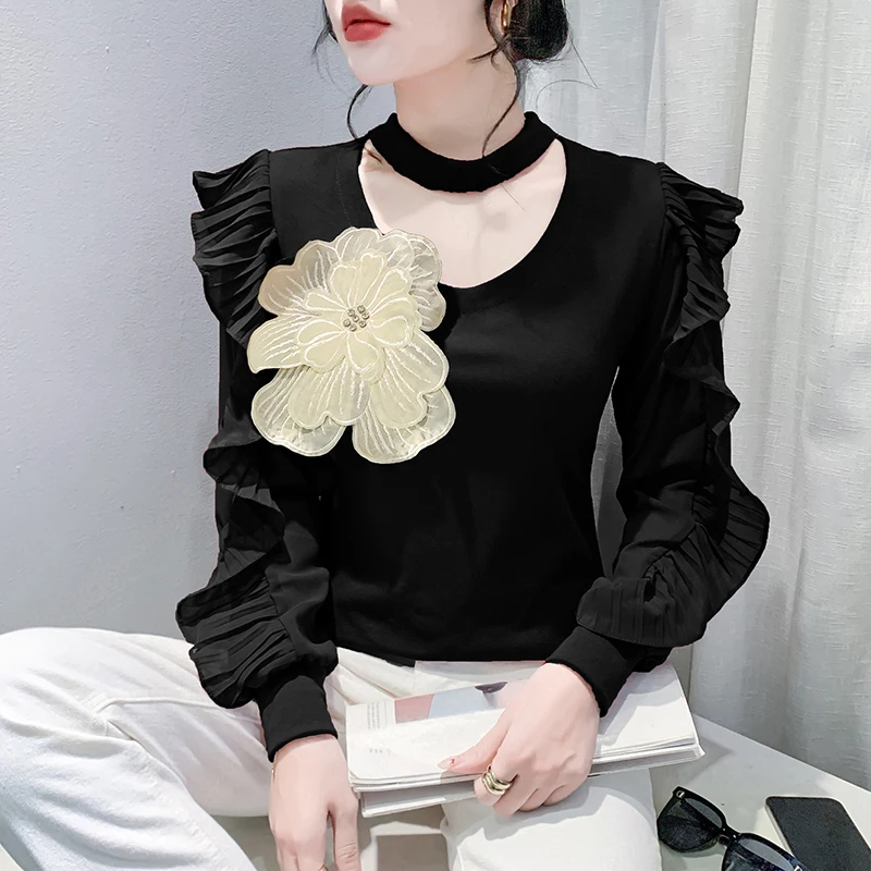 Korean Version Cotton 3D-demension Ruffles Female Autumn Winter Woman Pullover T-shirt Stand Collar Splicing Flowers Solid image 3