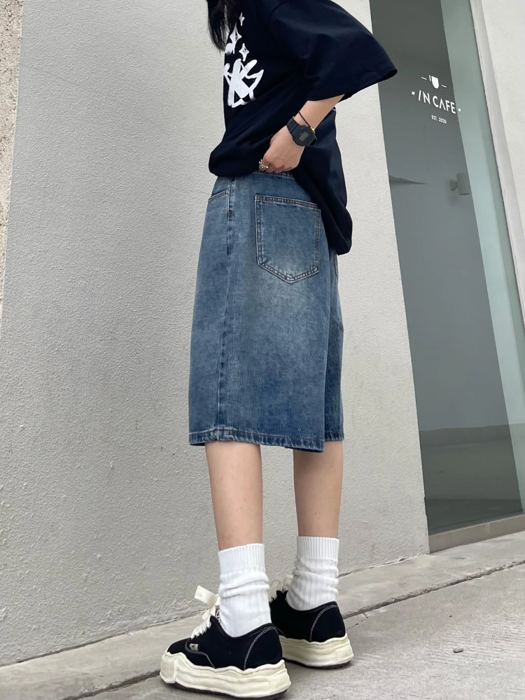 QWEEK-Y2K Baggy Vintage Wide Leg Jeans feminino, streetwear americano, shorts jeans lavados, Five Points, verão, casual, oversize