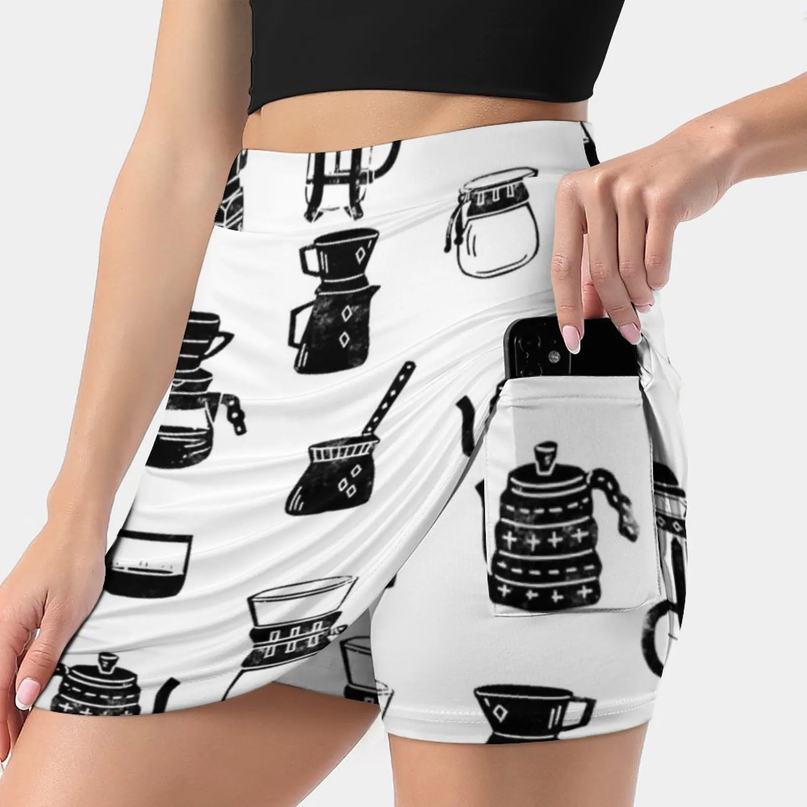 

Coffee Makers Espresso Linocut Black And White Minimal Cafe Women's skirt Mini Skirts A Line Skirt With Hide Pocket Coffee