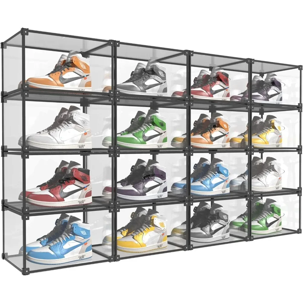 Magnetic Side Open Transparent Plastic Display Case Sneaker Shoe Storage Box Container Clear Closet Organizer Black 16PC