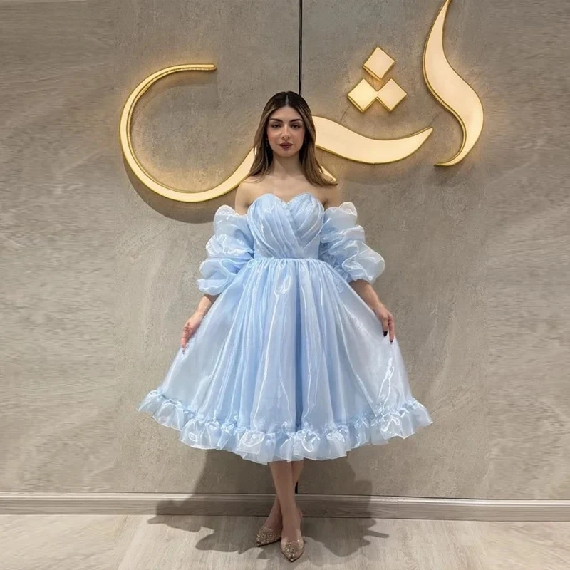 

2026 Sky Blue Organza Evening Dresses Puff Sleeves Backless Vestidos De Fiesta Elegantes Tea Length Robes De Soirée Customized