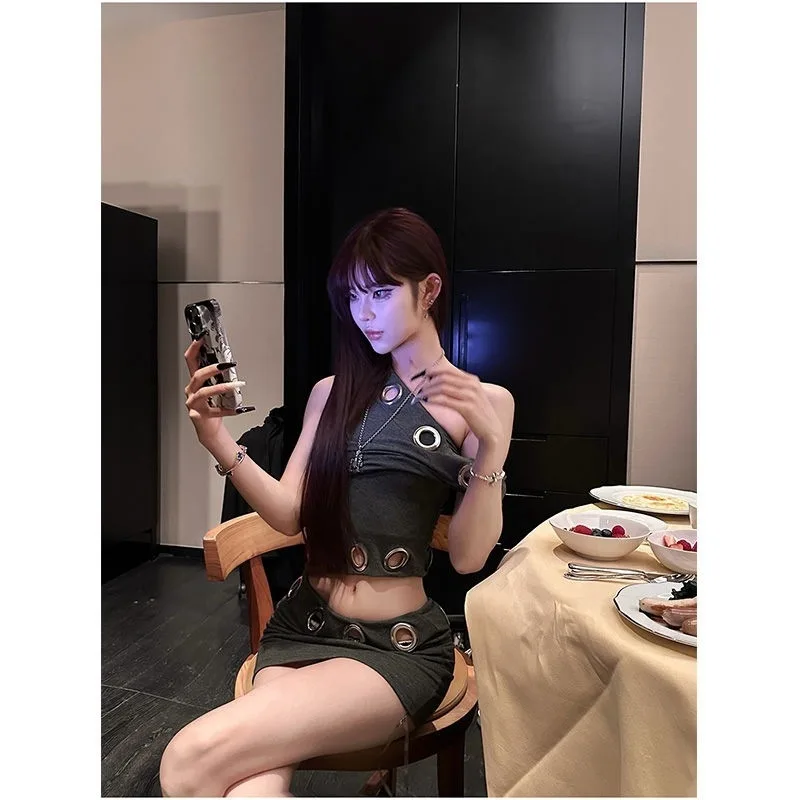 

Summer Dress Y2K Vintage Fake 2 Piece Sets Women Off Shoulder Sexy Hollow Out Crop High Waist Bodycon Party Mini Dress