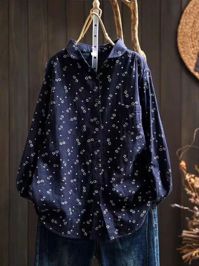 

Retro Anti-Aging Floral Print Double Layer Cotton irt Long Sve Casual Button up Collar Loose Fit Women's plus Size Top