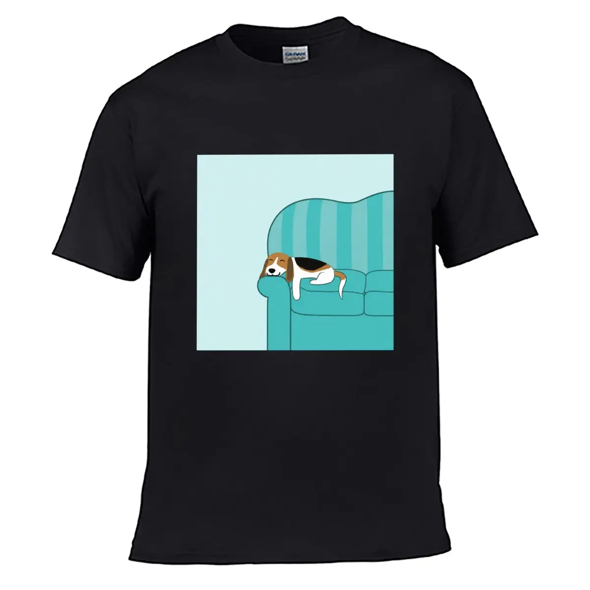 Sleepy Beagle Dog Resting On Teal Sofa Cartoon Solid Washed Vintage Tee Distressed Loose