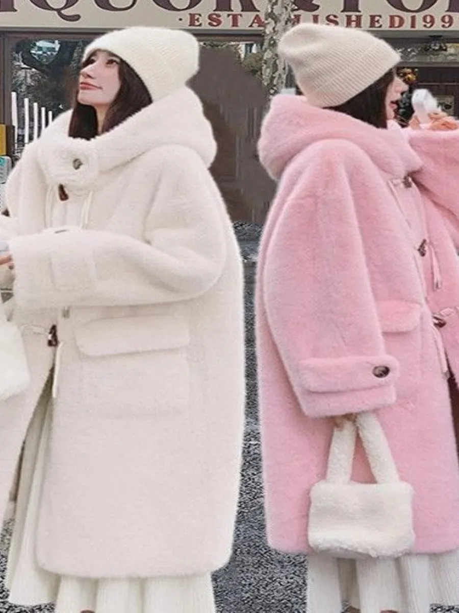 

Women's Fur Coat Jacket Winter Thickened Fleece Collar Button Long Cute Versatile Knee-Height Health Ring Hat Accessories