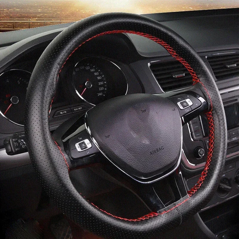 Artificial Leather Steering Wheel Cover Anti-Slip Braiding Cover For Steering Wheel Cowhide 37cm-38cm Steering Wheel Protector