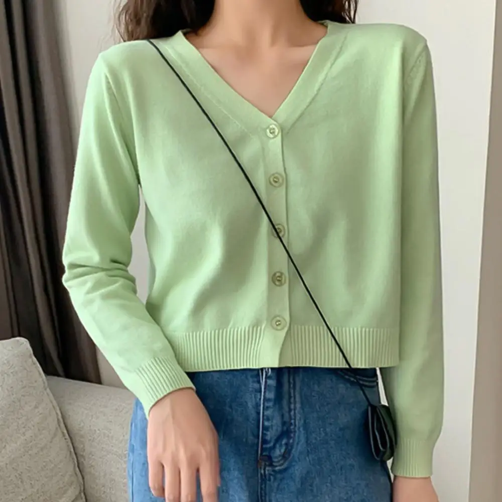 

3/4 Sleeve Cropped Short Cardigans Sweater Women Solid Casual Button Down Long Sleeve Coat Autumn Knit Tops Pull Femme