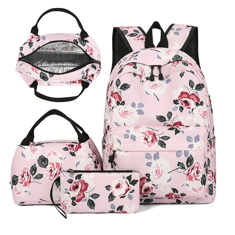 New Nylon 3-Piece Backpack Set - Thermal Lunch Bag Stylish Floral Daypack Compact Crossbody Bag Large Capacity Casual School Bag