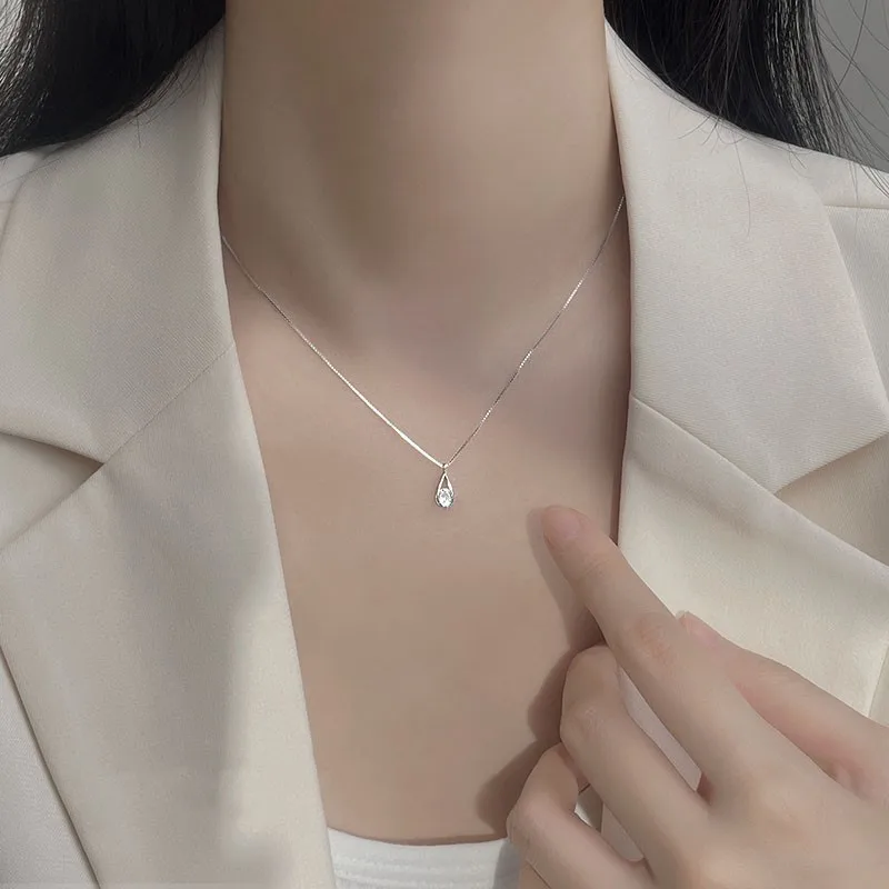 

New 925 Sterling Silver Zircon Water Droplet Necklace With Shimmering Geometric Collarbone Chain For Women's Minimalist Jewelry