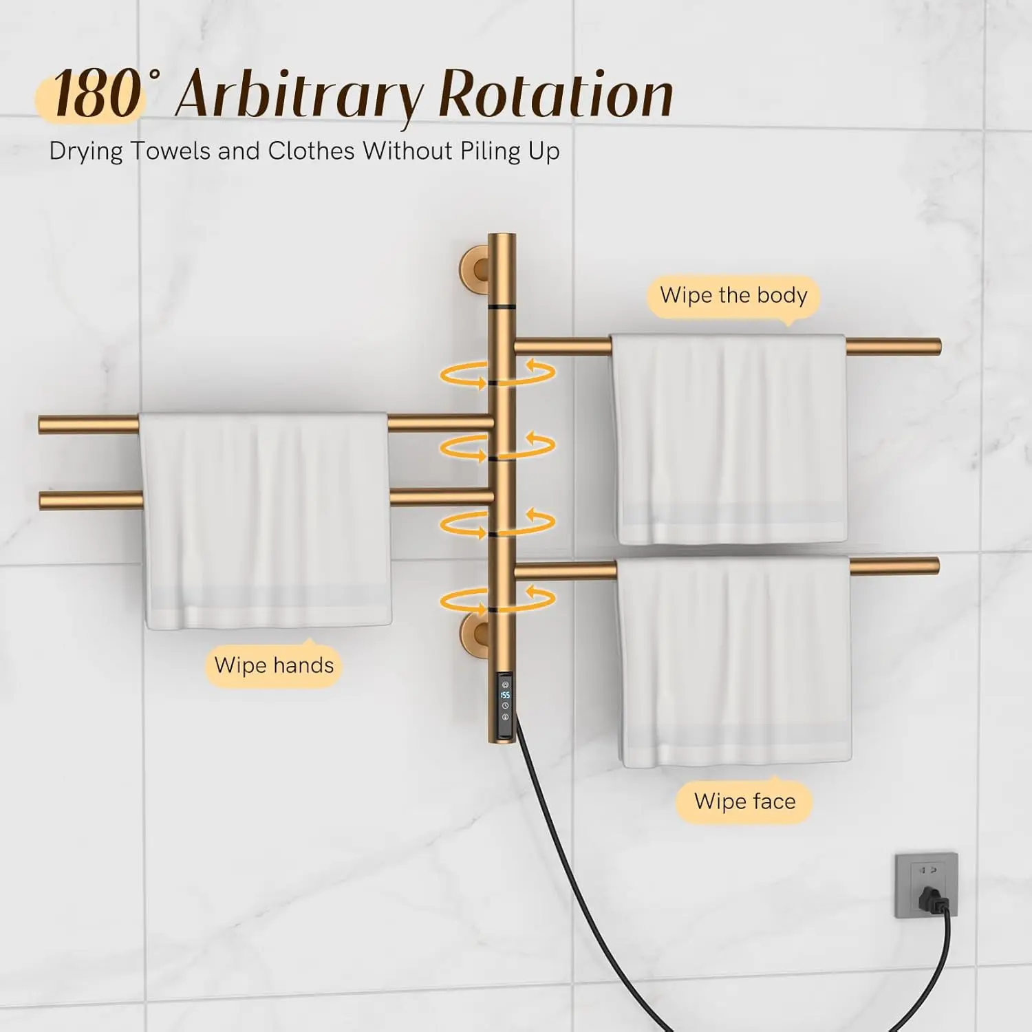Gold 180° Swivel Towel Warmer Rack 4-Bar Wall Mounted Heated Towel Rack With Multi-Level Adjustments 1-9H Timer For Bathroom