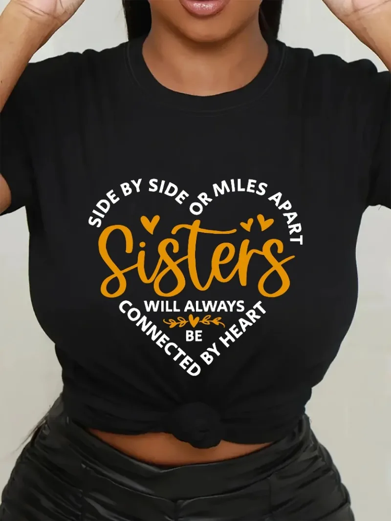 Vintage Sisters Print T-shirt - Women's Short Sleeve Crew Neck Top for Spring & Summer