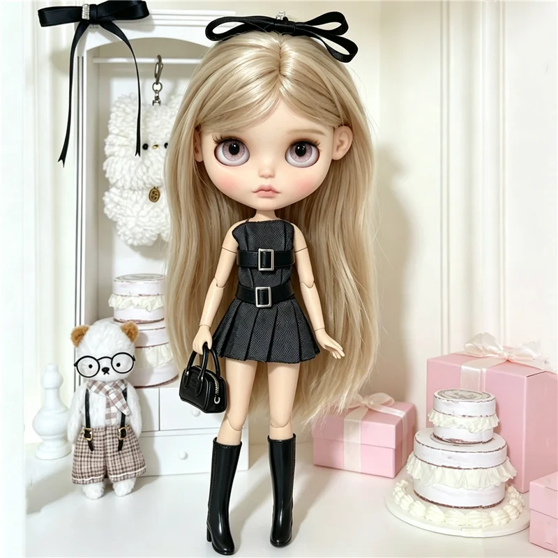 For Blythe Doll Outfit Clothes Luxury Checkered Coat Dress Set Sweet Princess Bowknot Skirt Clothing For Barbies OB24 Small 1/6