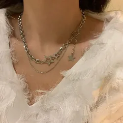 Shiny Star Pendant Layered Necklace Y2k Jewelry for Women 2025 Fashion Pentagram Silver Color Choker Chain Zircon Charm Necklace