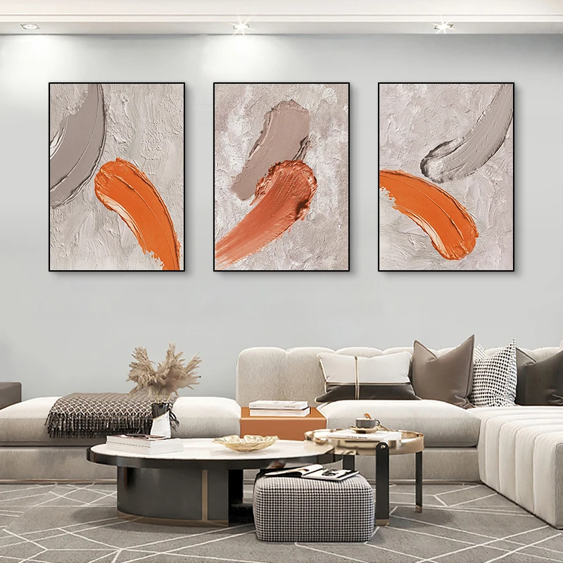 3 Piece Hand Drawn Abstract Oil Painting Orange Gray Stereoscopic Texture Triptych Living Room Wall Art Decor Mural Frameless