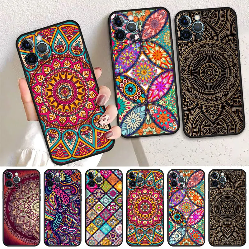 Etui na telefon Mandala Flower Totem do iPhone 11 12 Mini SE 7 8 6S 13 Pro Max XR XS X 15 14 Plus 14Pro 11pro 12pro soft cover