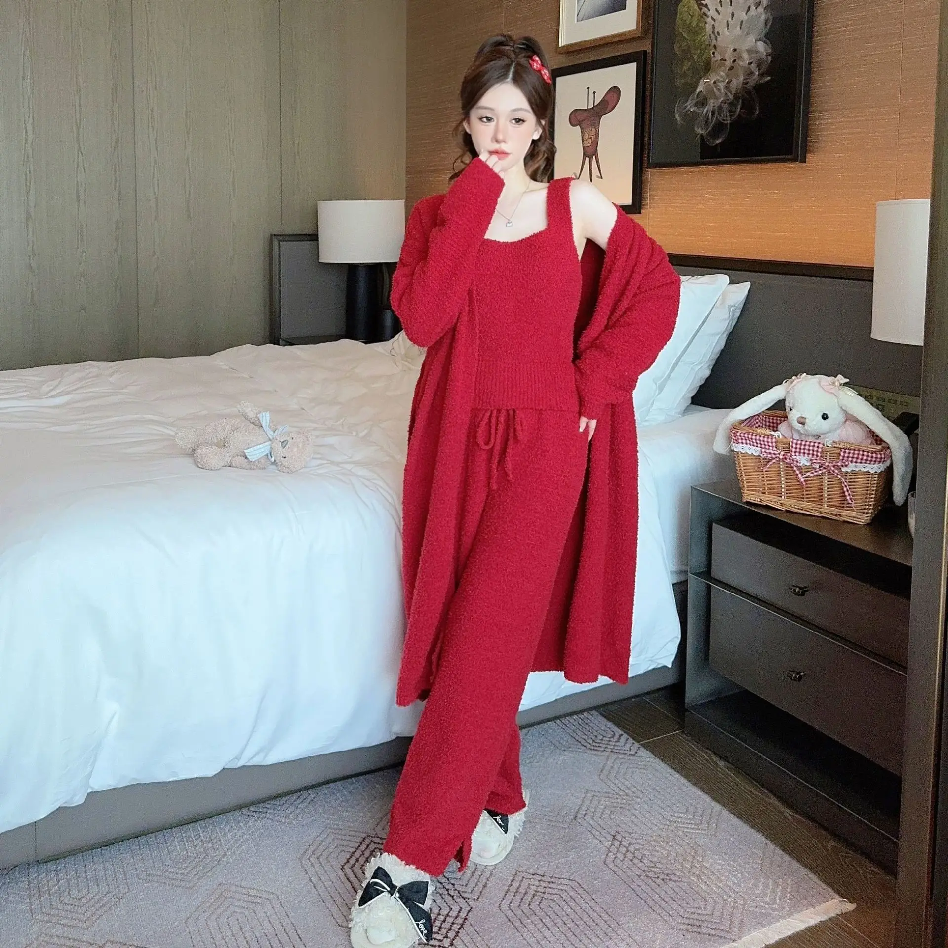

Warm Long Robe Sling Pants Home Clothes Girl Sweet Pajamas Set 3Pcs Loungewear Home Clothes Women Nightwear Sleepwear