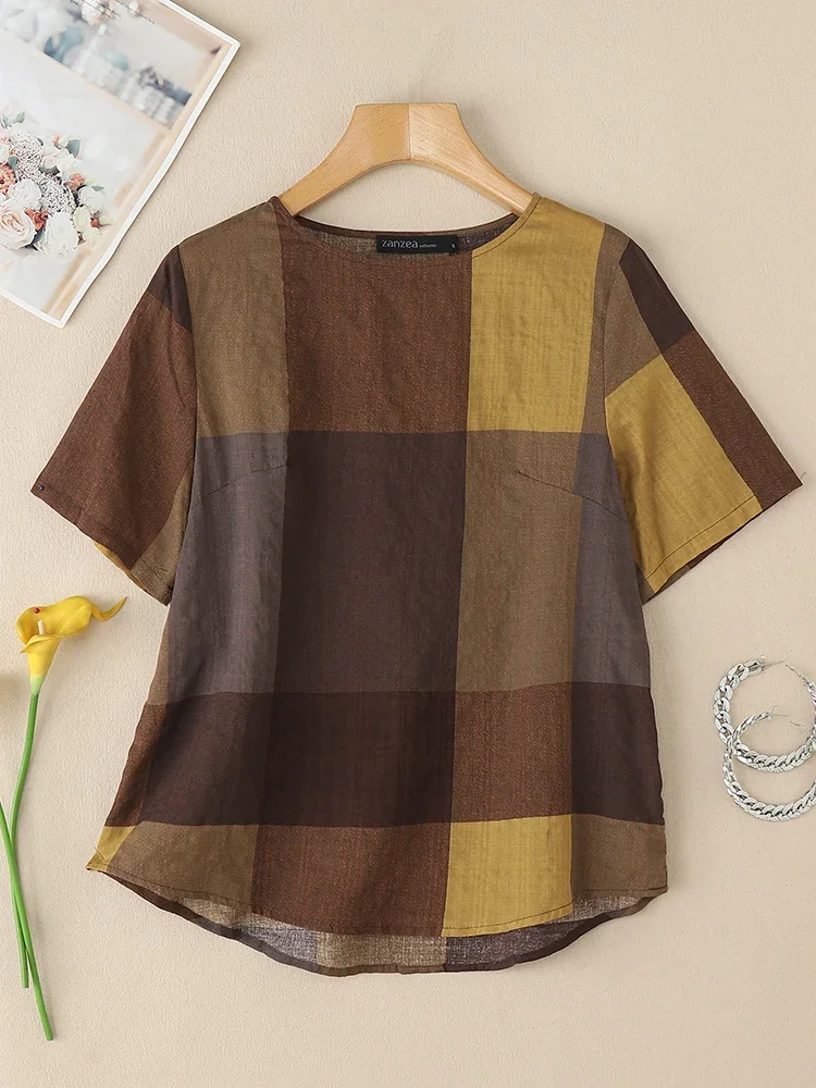 

2025 ZANZEA Summer Checked Print Blouses Women Vintage Short Sleeve Tunic Tops Casual O Neck Loose Shirt Retro Holiday Blusas