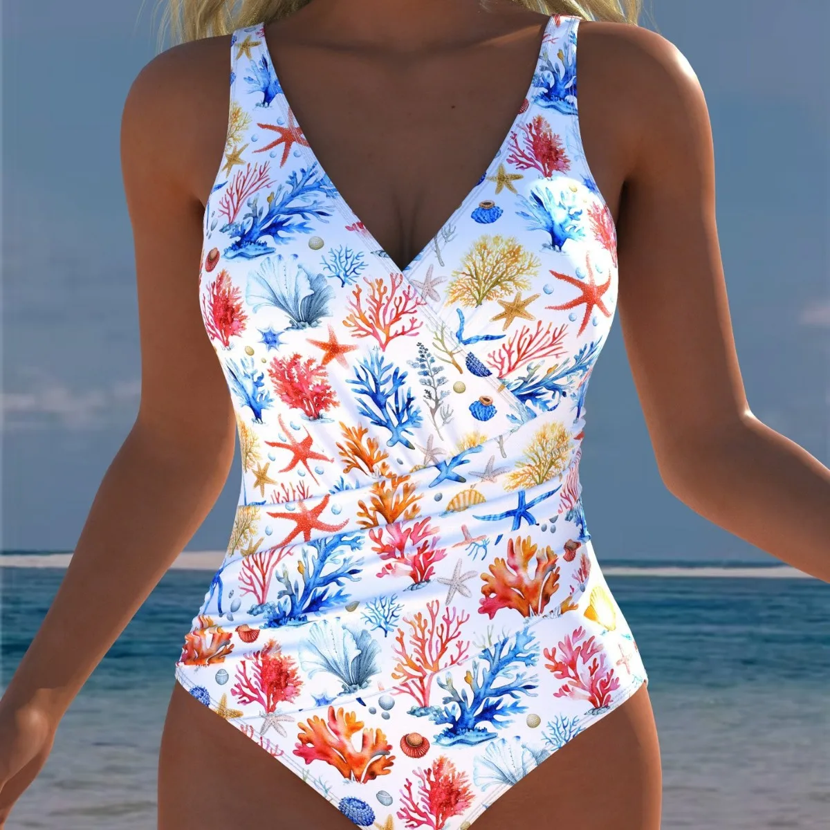 Women One Piece Suits Swimsuit Gradient Wrap V Neck Swimsuits Ruched Tummy Control Sportswear Beach Bathing Suit Swimwear