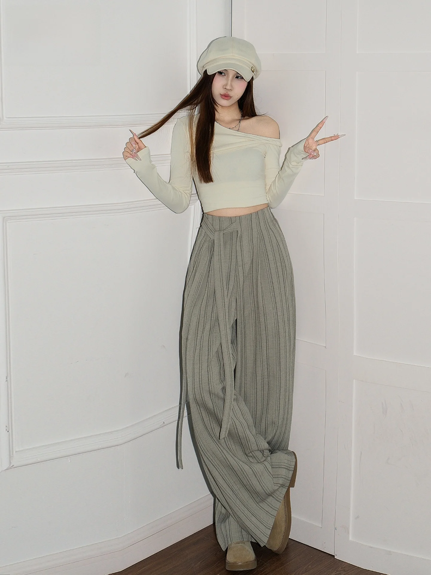 

Женские повседневные брюки-палаццо цвета хаки в ретро-стиле с полосками, свободного кроя, летние, прямые, струящиеся, с высокой талией на резинке