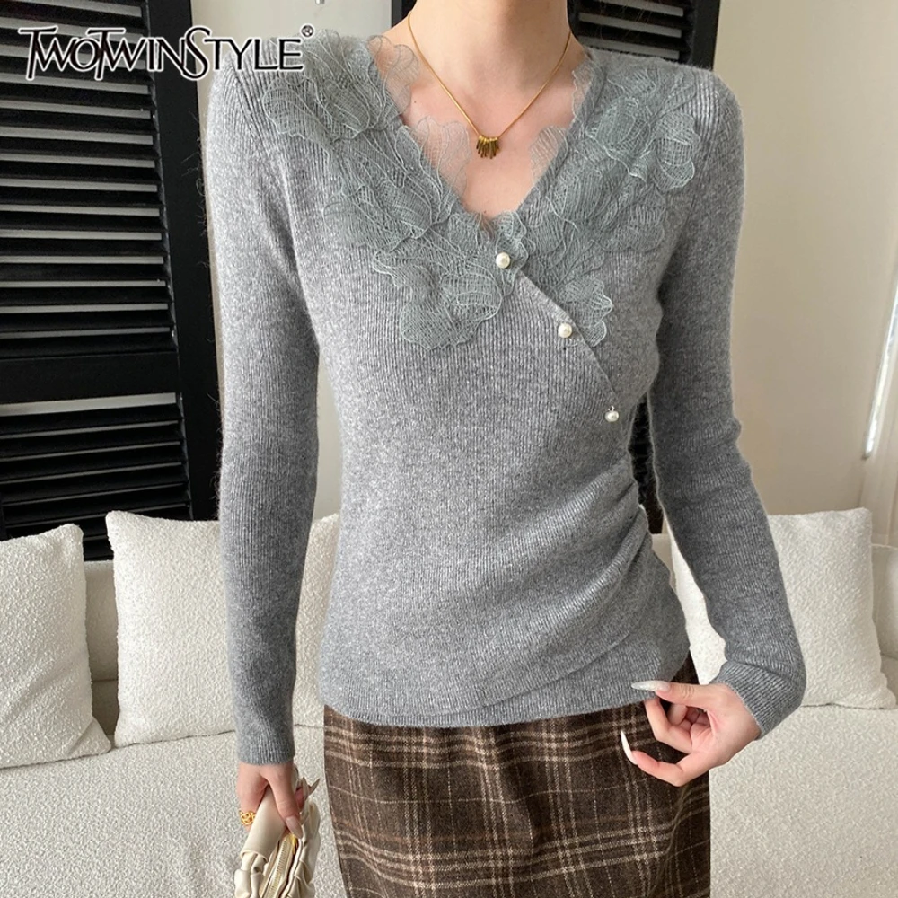 

TWOTWINSTYLE Solid Spliced Lace T Shirt Female V Neck Long Sleeve Slimming Temperament Gentle Women's T Shirts Fashion Autumn