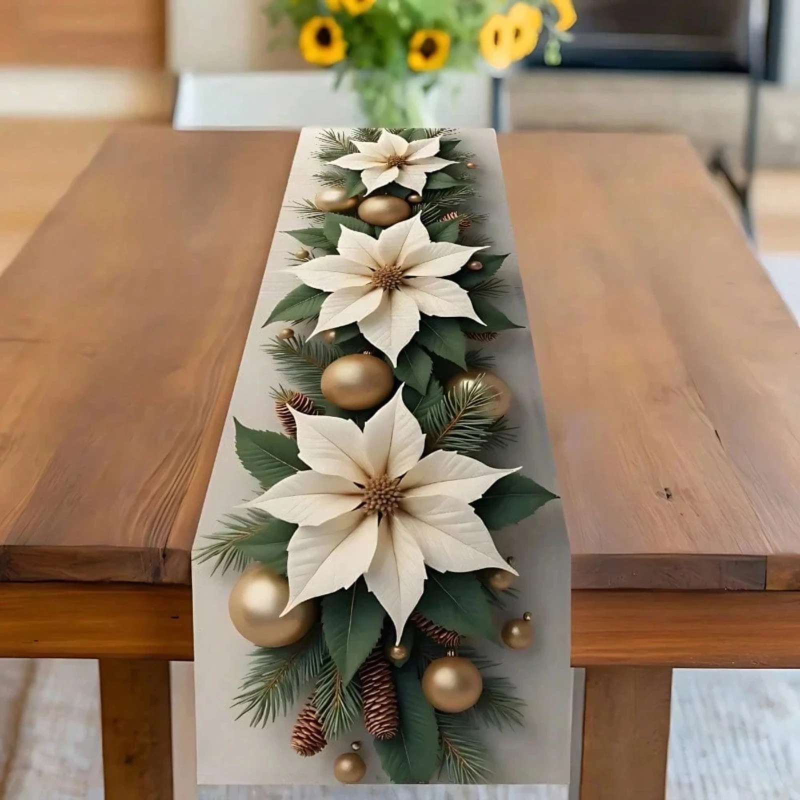 Elegant Christmas Table Runner White Ivy  Gold Ornaments  Pine Cones And Pine Needles Holiday Indoor Outdoor Home Party Supplies