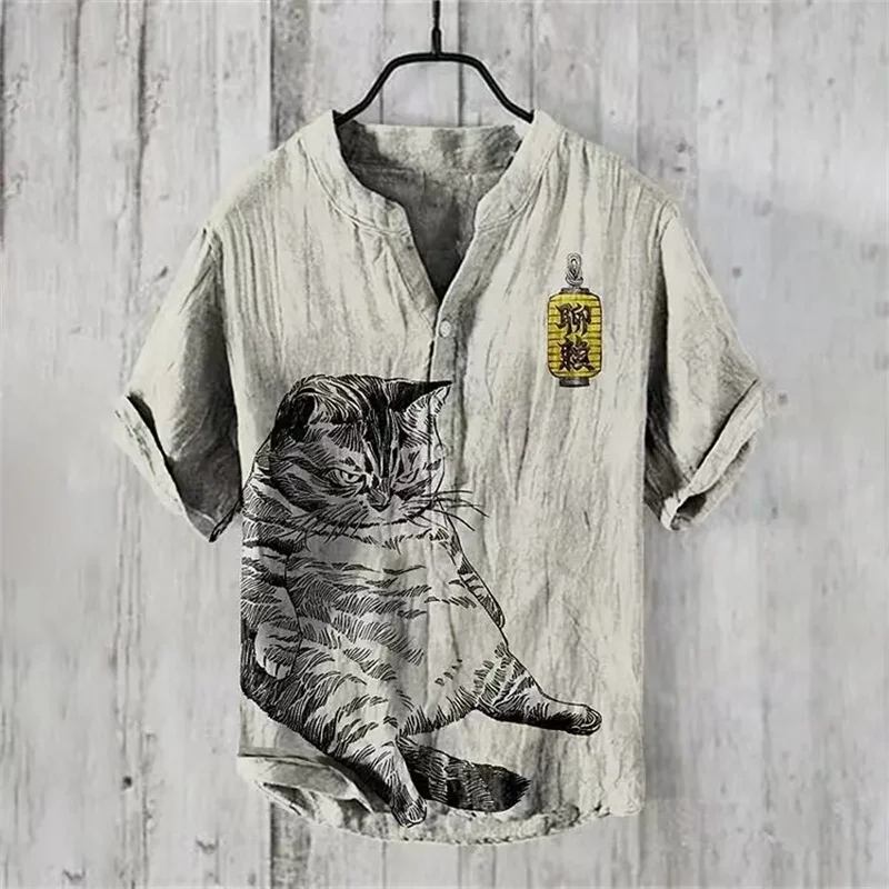 2024 Nowa męska koszula Henley Vintage Print Animal Cat Lniana koszula z krótkim rękawem Hawaiian Style Half Cardigan Button V Neck Shirt