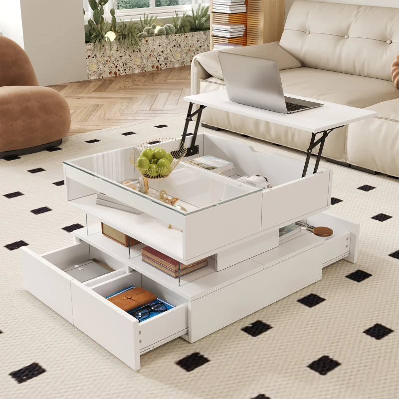 Table Basse Réglable en Hauteur Blanche 70 x 67 x 57 cm, Plateau en Verre Transparent et Structure Acrylique, Système 16 Couleurs, Mécanisme Silencieux Amorti, Compartiments de Rangement Pratiques, Organiseurs de Rangement en Bois