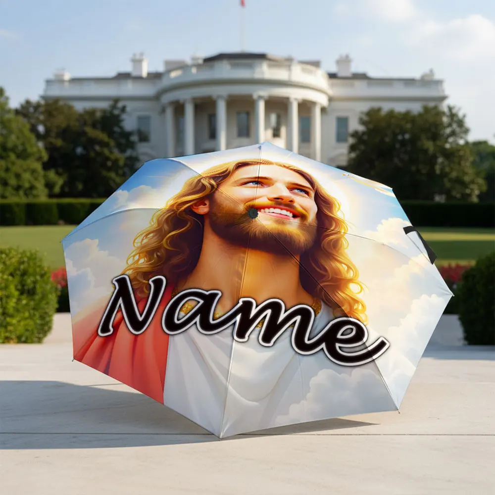 Custom Name Umbrella Religious Figure Dove Sky Cloud Print Folding Umbrella Compact Portable Travel Parasol