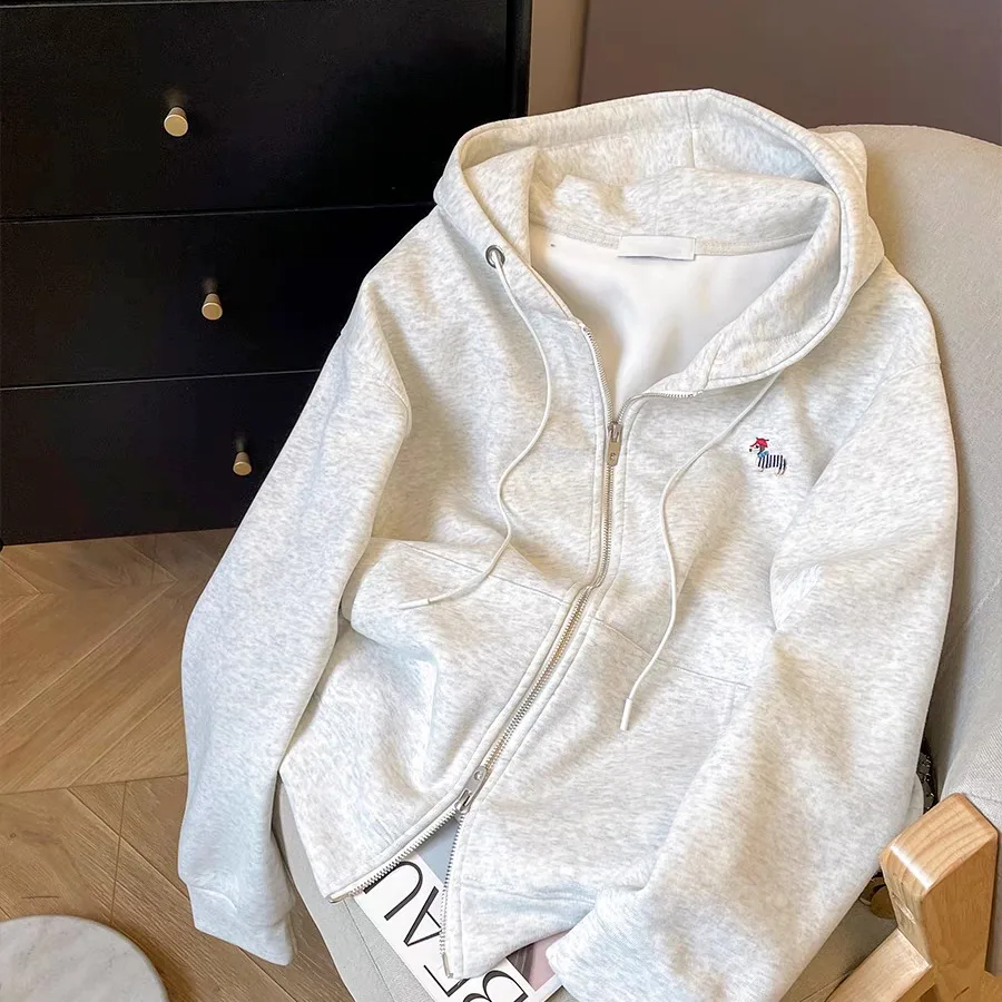 سترة نسائية من Faionable مطرزة رفيعة بسحاب مزدوج سترة كورية جديدة 2025 سترة كسول بغطاء للرأس ملابس خارجية #4