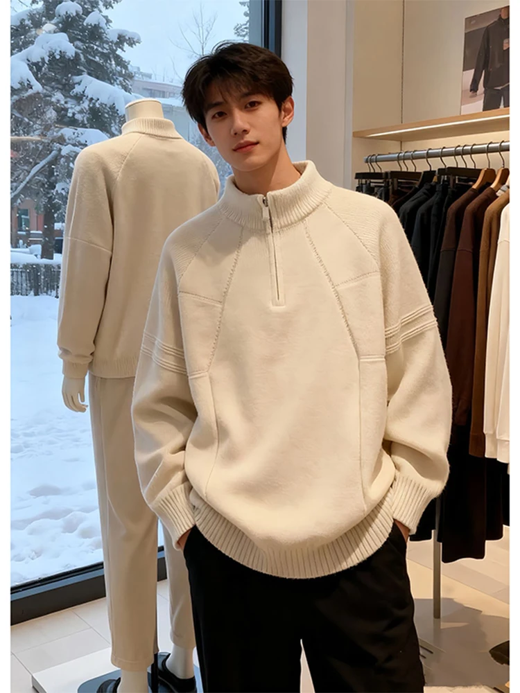 

Теплый мягкий вязаный свитер на молнии с воротником-стойкой для мужчин, осенне-зимний, повседневный, свободного кроя, комфортный, не скатывающийся трикотаж