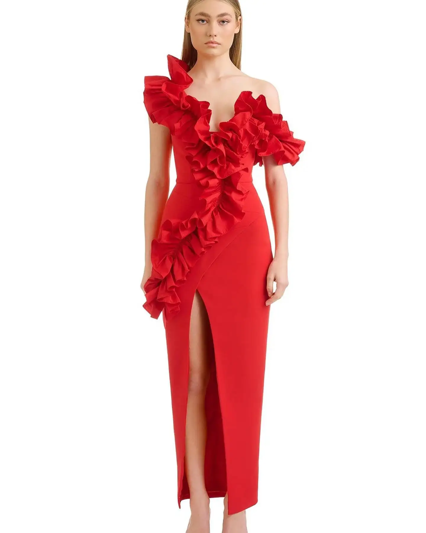 

Customized Sexy Jersey One Shoulder Ruffles Evening Dresses High Quality Sleeveless Cocktail Dress Custom Made Party D