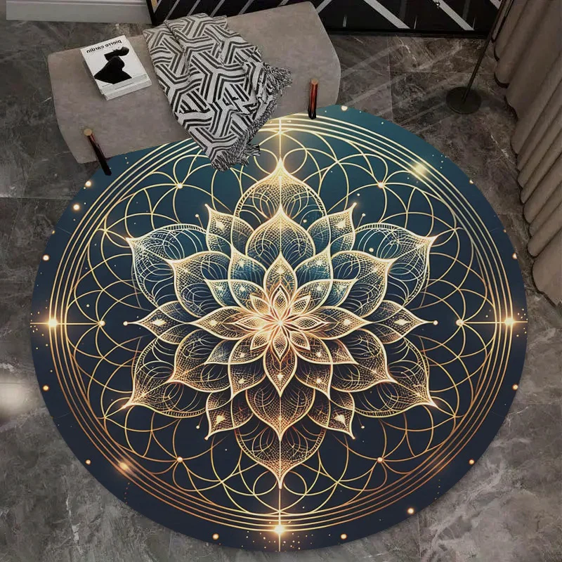 Golden Mandala Lotus Flower Round Rug Sacred Geometry Circular Mat Non Slip Soft Floor Carpet for Meditation Living Room