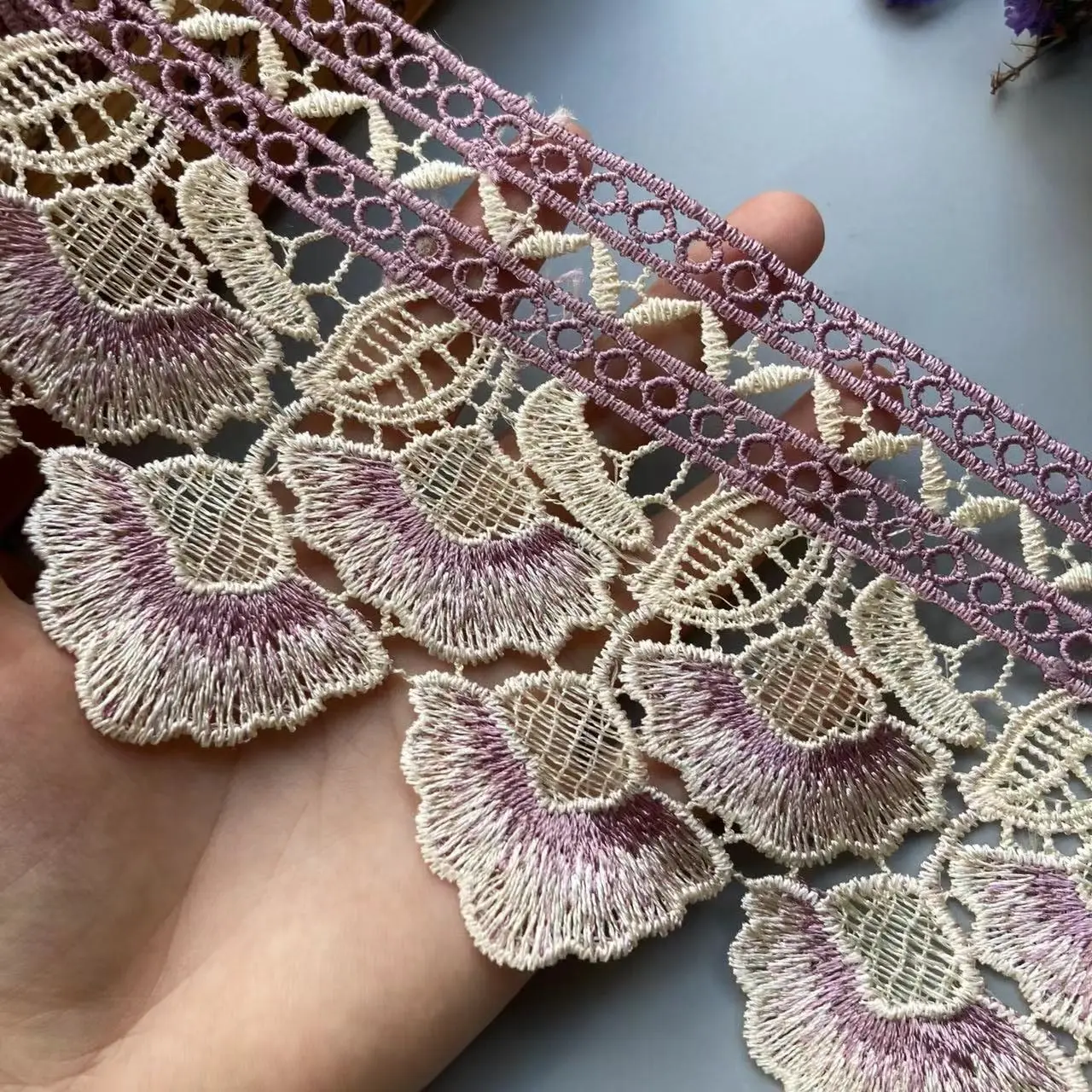 2 Yards Embroidery Purple Leaf Flower Lace Ribbon Trims for Sofa Curtain Trimmings Dress Costumes Applique Beige 10 cm 3 cm New