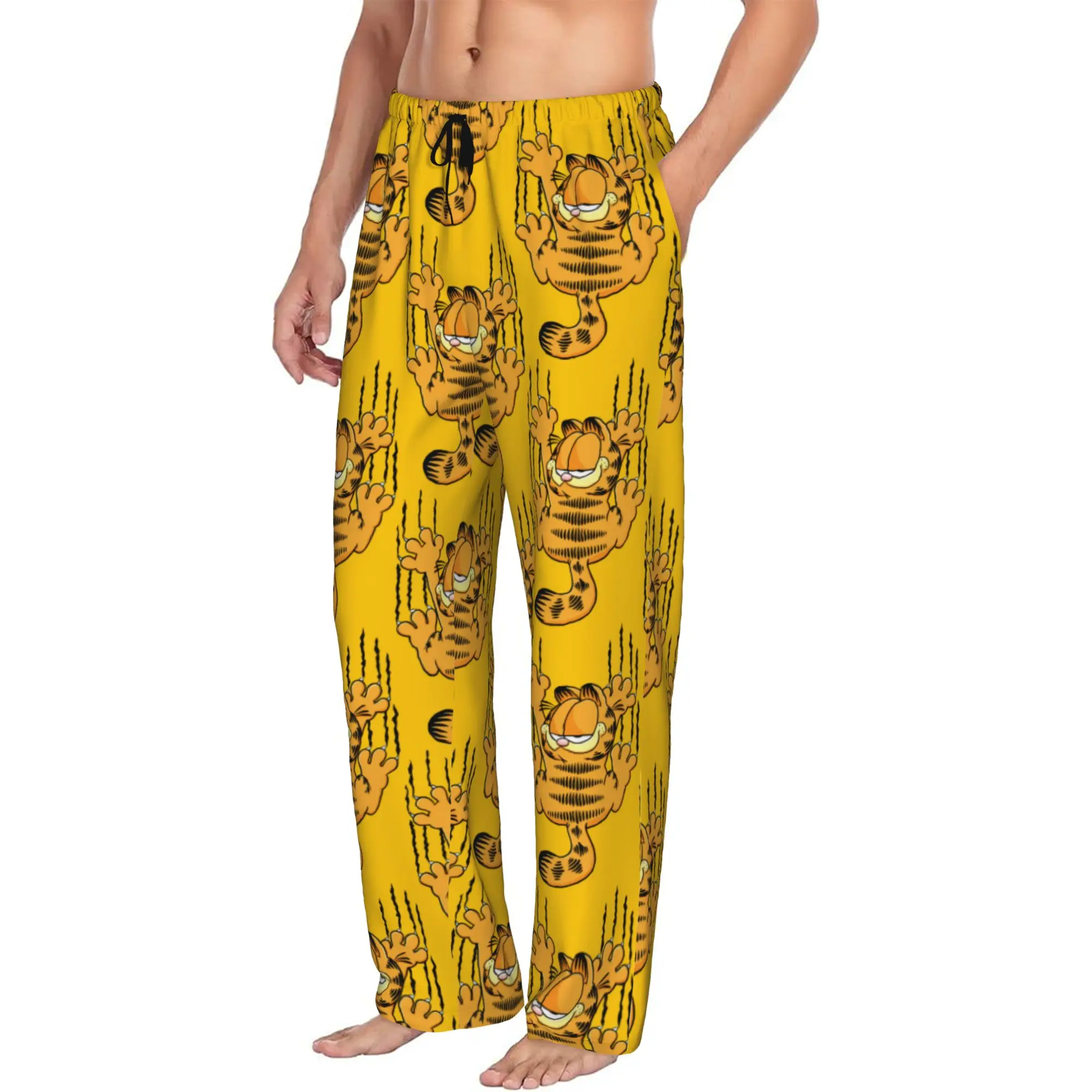 Custom Cat Cartoon Pajama Pants Sleepwear for Men Elastic Waistband Comic Strip Manga Sleep Lounge Bottoms with Pockets