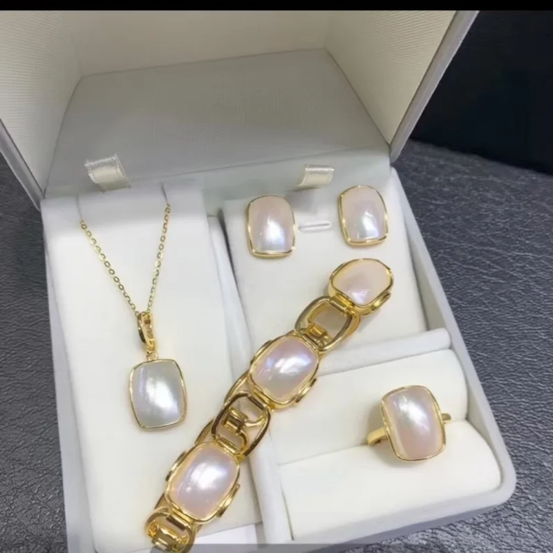 set Sea shell Mabe pearl white blue S925 oblong pendant earrings Ring Bracelet