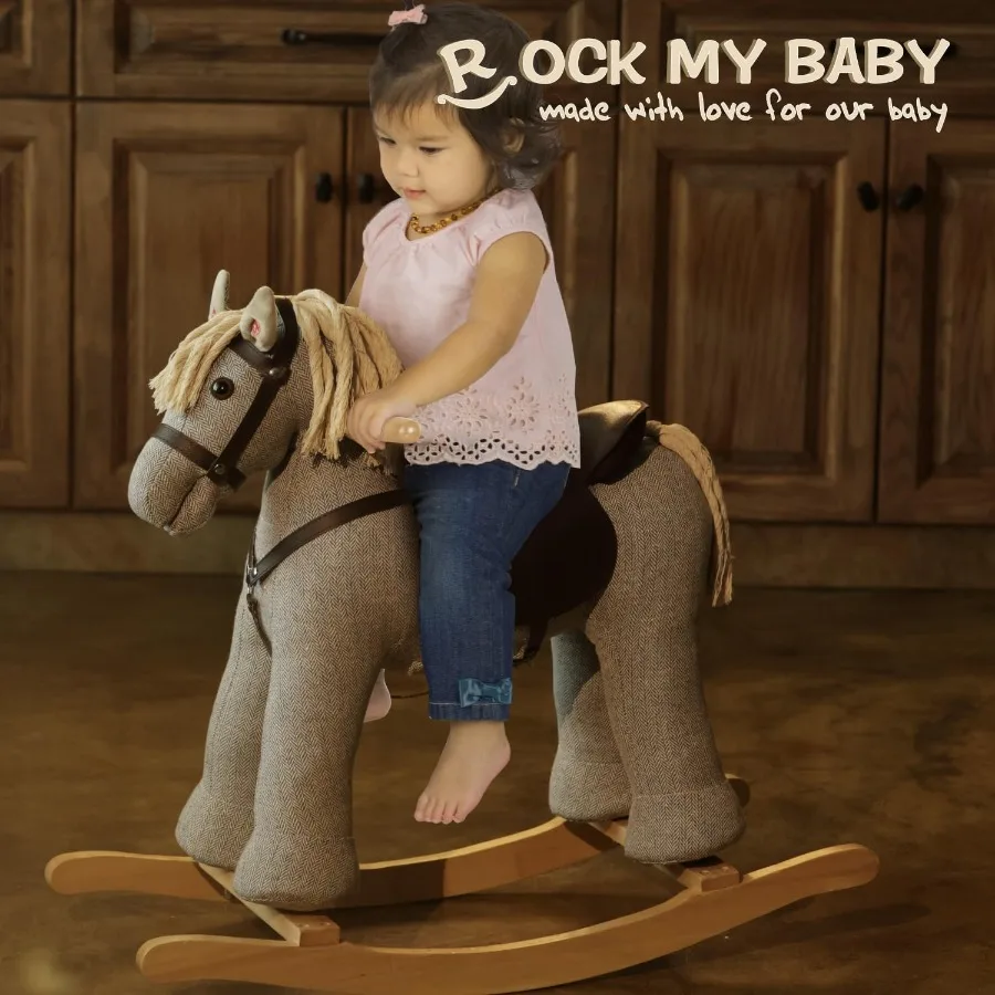 Koń na biegunach szary drewniany zabawka na biegunach zwierzęta na biegunach dla dzieci od 36 lat jeździk kucyk z realistycznym dźwiękiem certyfikat CPC