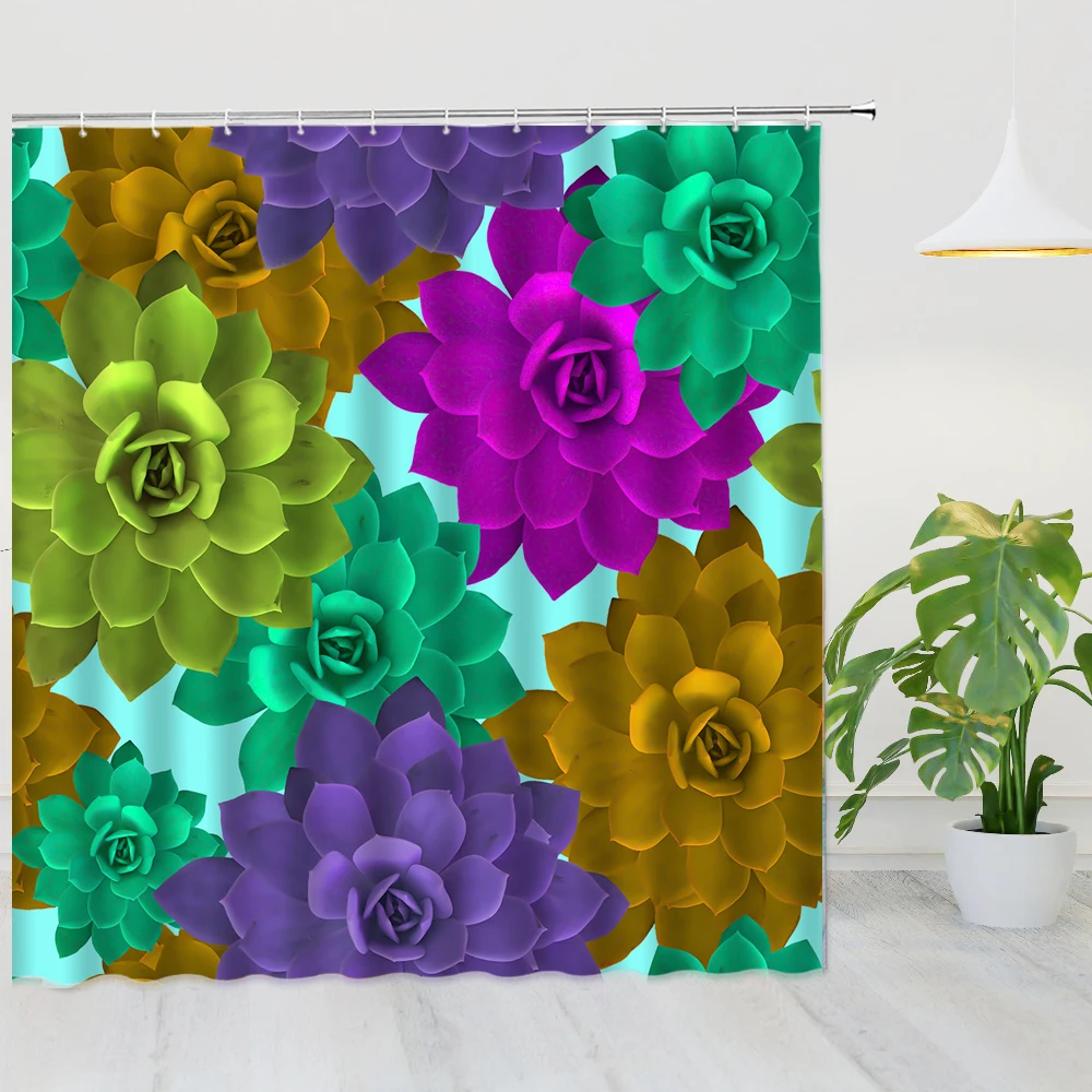 Bohemian Flower Shower Curtain with Hooks Waterproof Indian Watercolor Mandala Green Blue Chic Bathroom Bath Curtain Home Decor