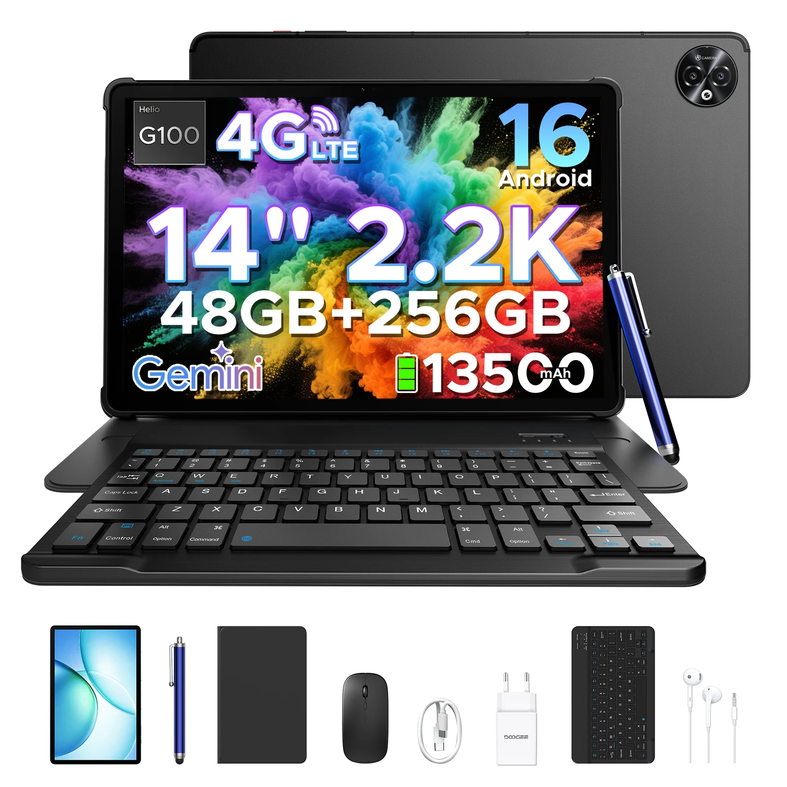 DOOGEE Tablet PC 2-in-1 Tab E3 Max Gmini AI 14 inch scherm 2.2K Batterij mAh Android 16 48GB (8 + 40) 256GB Helio G100 AI Tablet