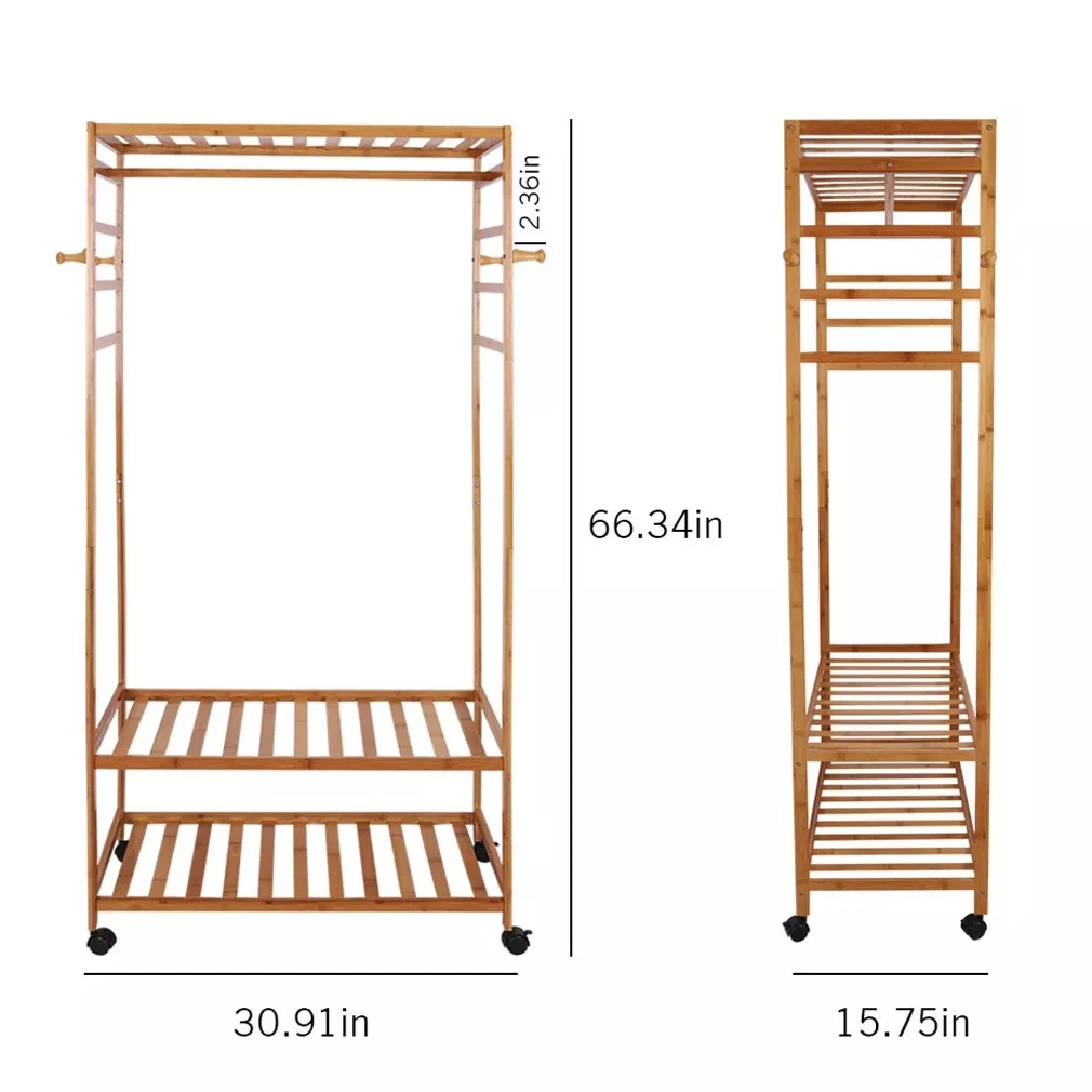 Clothing Rack for Hanging Clothes with Hooks, Multi-functional Bedroom Clothes Rack Bamboo Garment Rack with Wheels