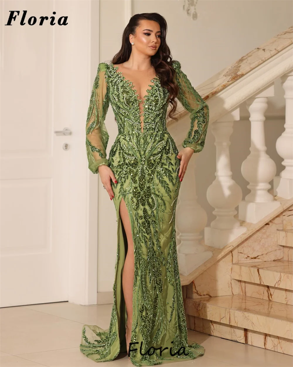 Sequins Green Long Sleeves Evening Dresses Elegant 2024 Middle East Wedding Party Dress Vestidos De Gala Slit Engagement Dress